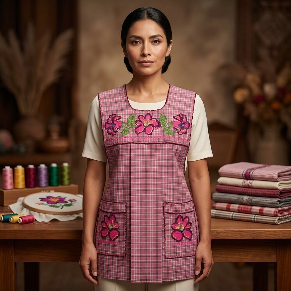Traditional Mexican Cross-Stitch Embroidered Apron – Deluxe Artisan Smock Style